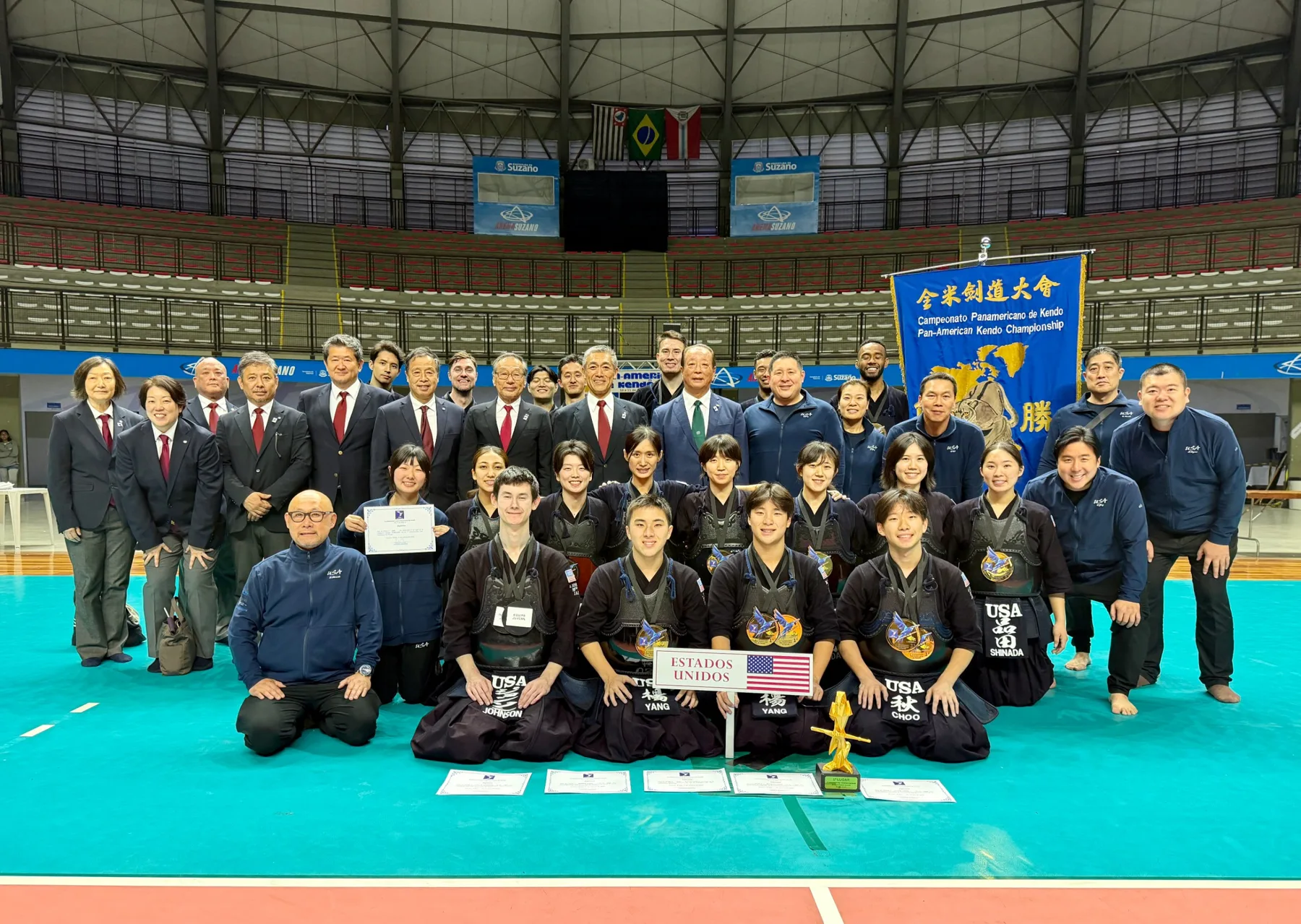 Team USA athletes and coaches with the 1st place trophy at the 1st Pan American Kendo Championships